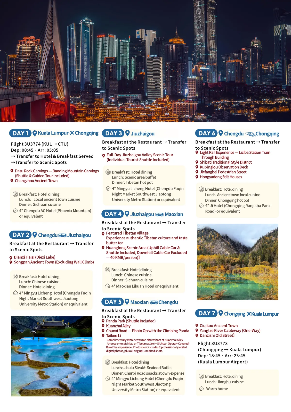 Click to enlarge / 下载 Download Chongqing Chengdu Jiuzhaigou 7D6N English Itinerary Poster